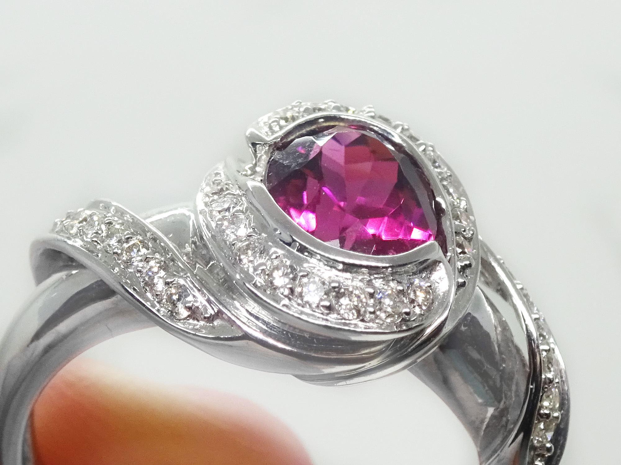 Genuine Pink Tourmaline Rubellite Diamond 14k White Gold Ring, Size 9