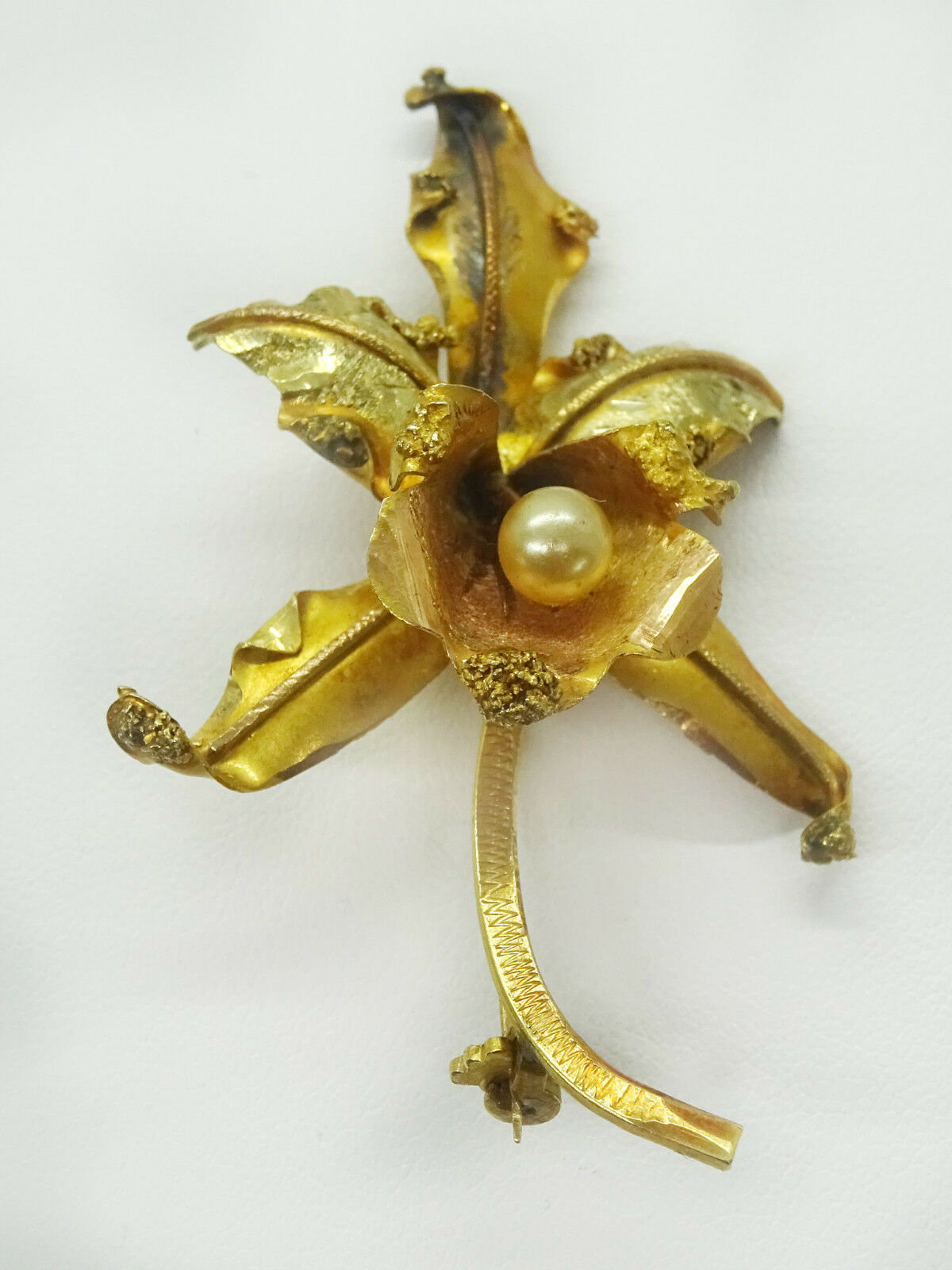 18k Tri-Color Gold Golden Pearl Orchid Pin Brooch Mid ...
