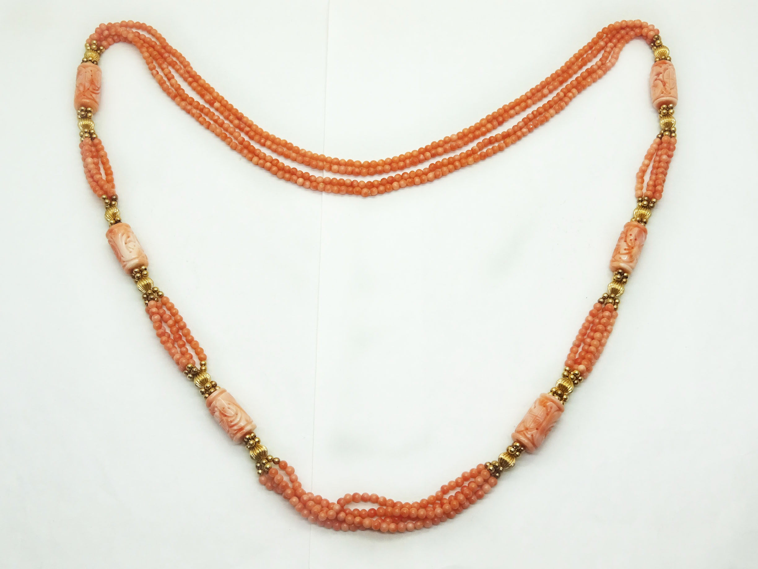 Angel Skin Multi-Strand Bead & Carved Tube Coral Bead Necklace 14k