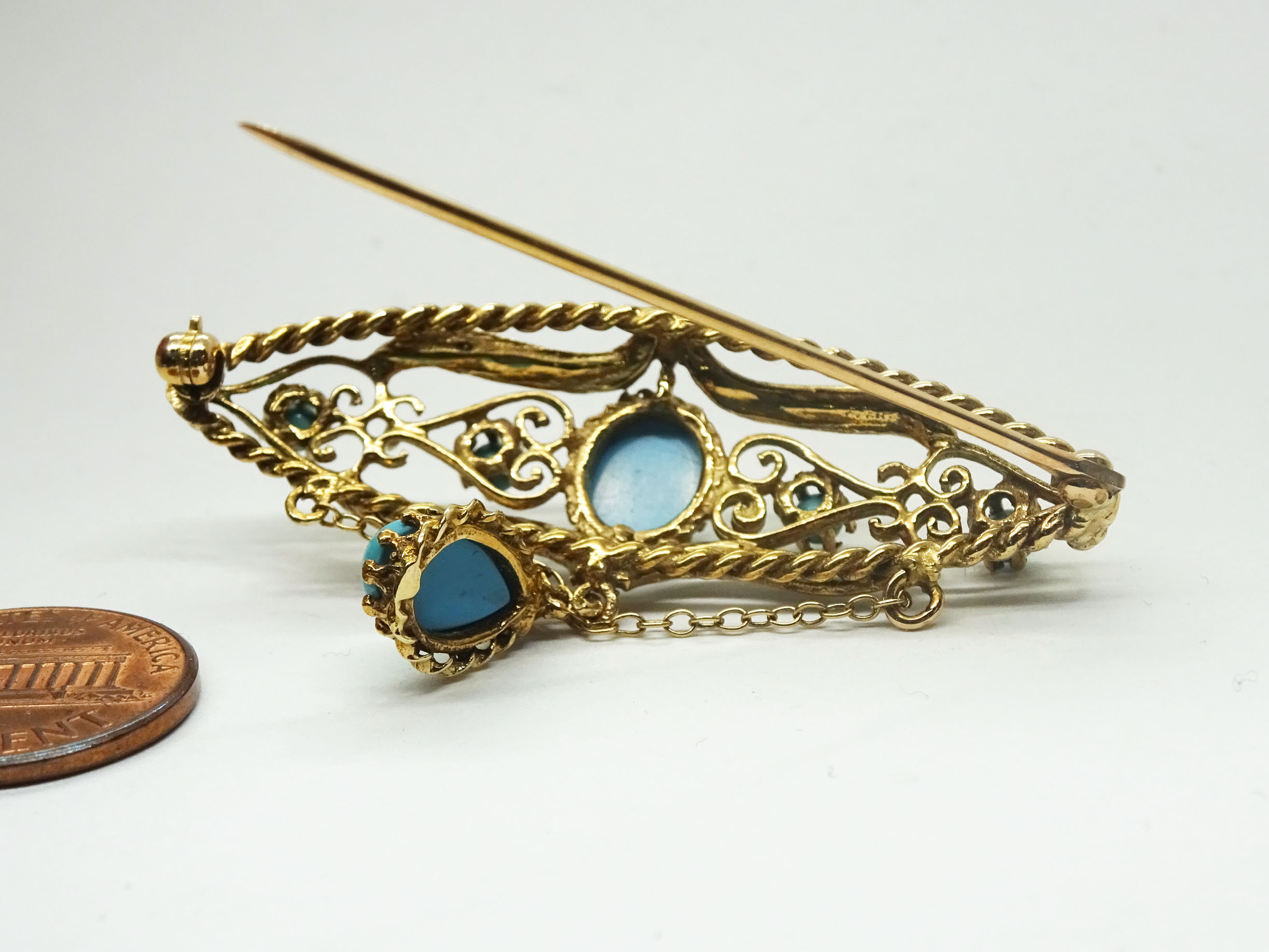 Vintage 14K Yellow Gold Turquoise & Seed Pearl Floral Brooch/Pin - Ruby Lane