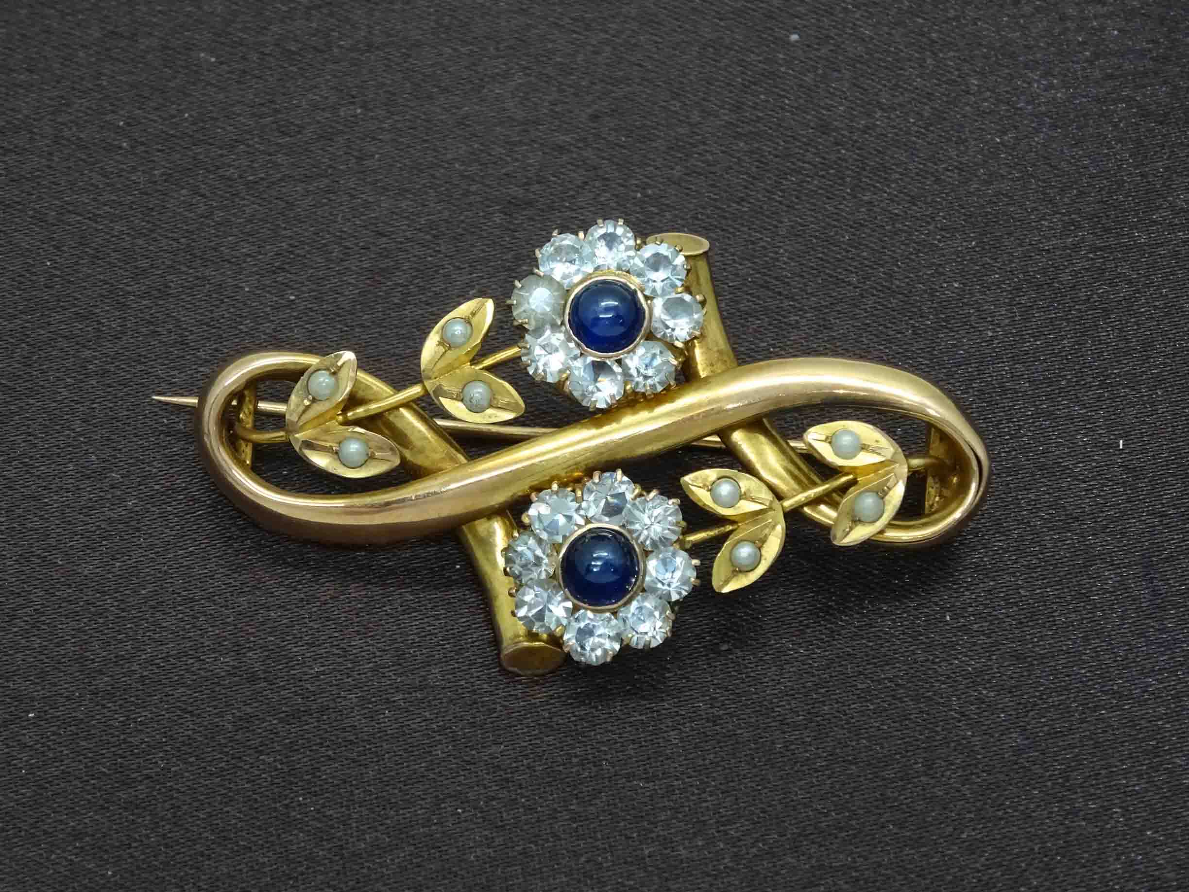 Antique EROV Sapphire & Seed Pearl & Crystal Floral Brooch Pin 14k